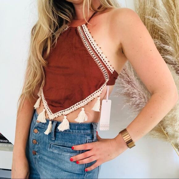 NEW ALE ALESSANDRA REVOLVE Ever Suede Tassel Crochet Crop Bikini Top Shirt M - Picture 1 of 9
